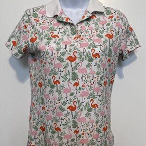 Preppy Tropical Sporty Brooks Bros. Womens Polo Shirt w/Flamingo Pattern Size XS
